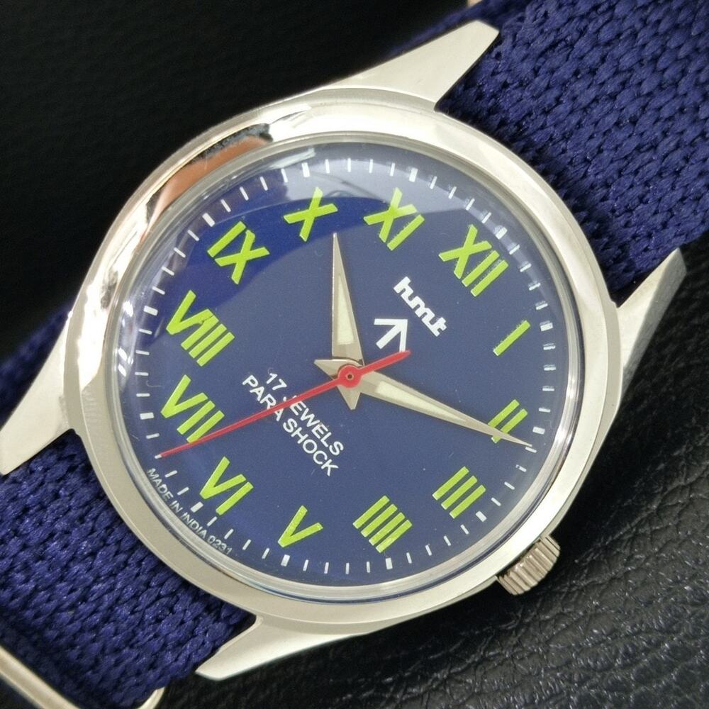 Vintage 1989 HMT Manual Wound Mens Silver Watch & Green accents